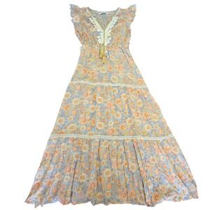 Anany Flowy Floral Maxi Dress Pastel Boho Tassel Neckline‎ Flutter Sleeve Large